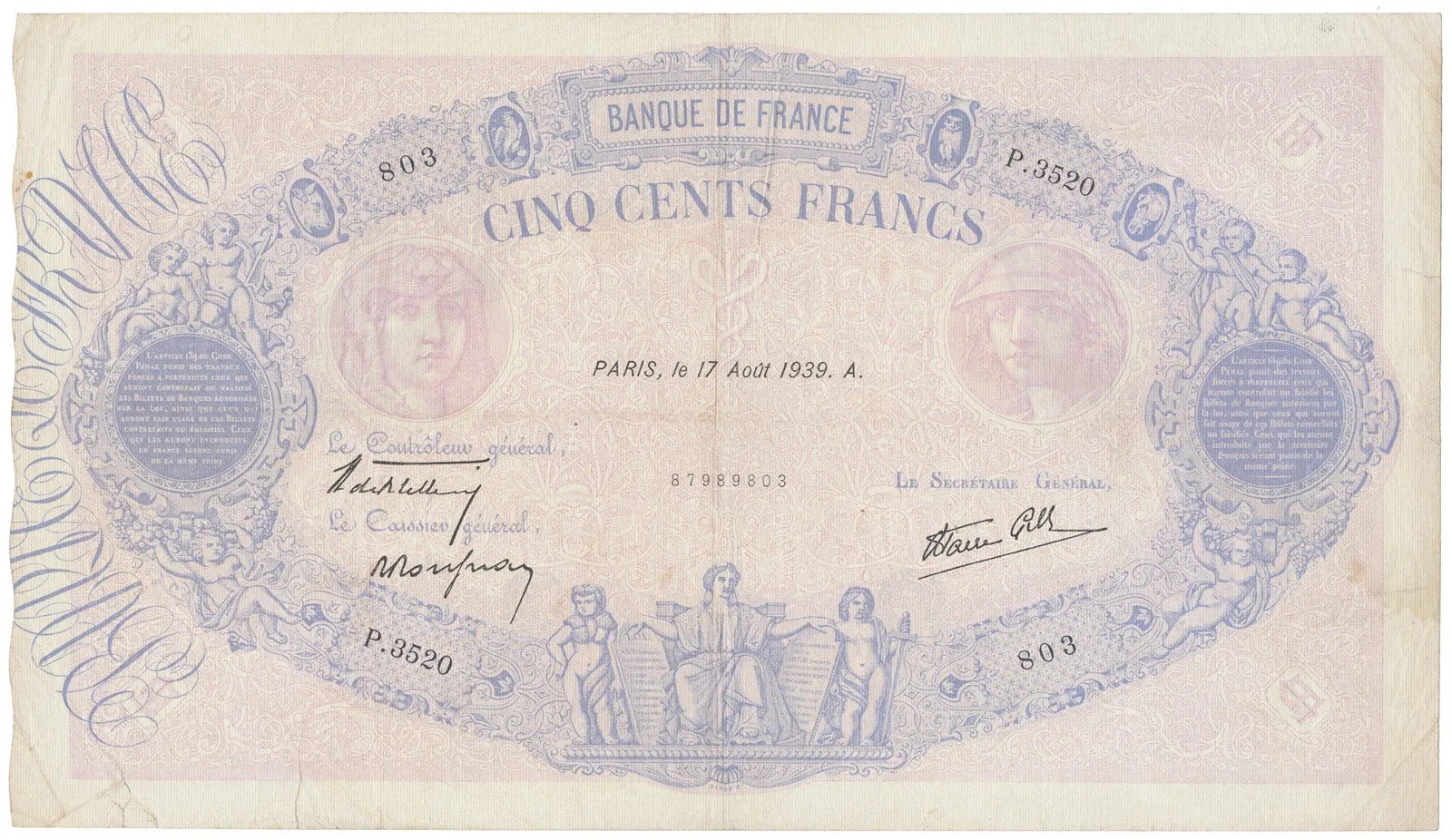 Francie, 500 Francs 1939, P.88c
