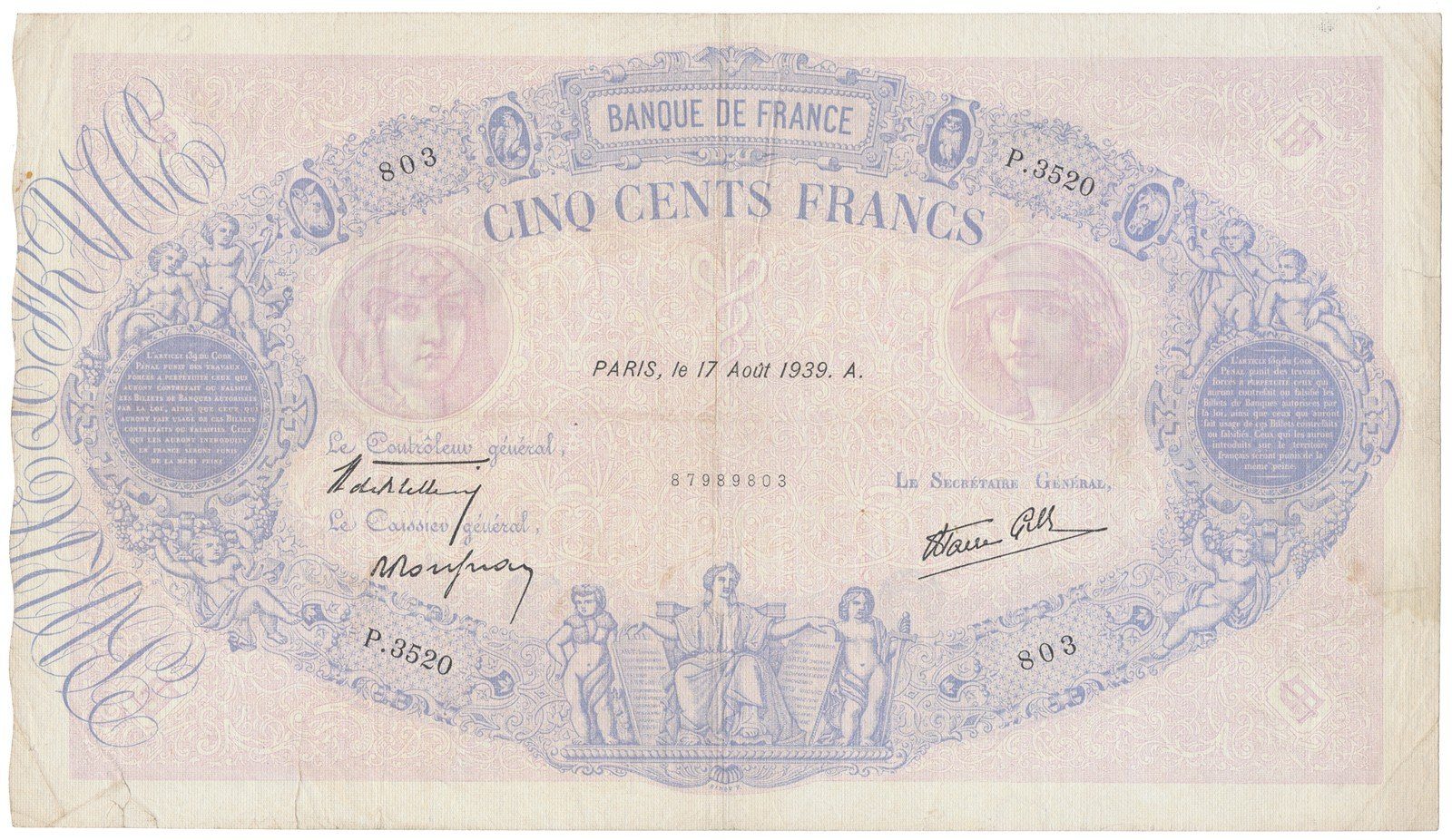Francie, 500 Francs 1939, P.88c