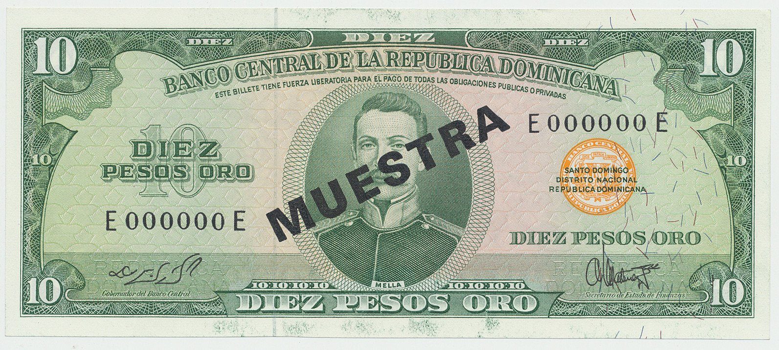 Dominikánská republika, 10 Pesos Oro (1964~1974), bank. vzor, E000000E, přetisk 1x MUESTRA, P.101s1