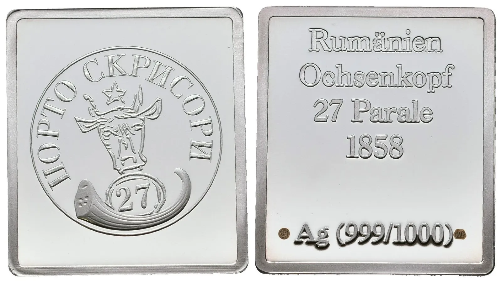 Stříbrná známka - Rumunsko - "Volská hlava" - 1858 - Ag 6 g - 999/1000