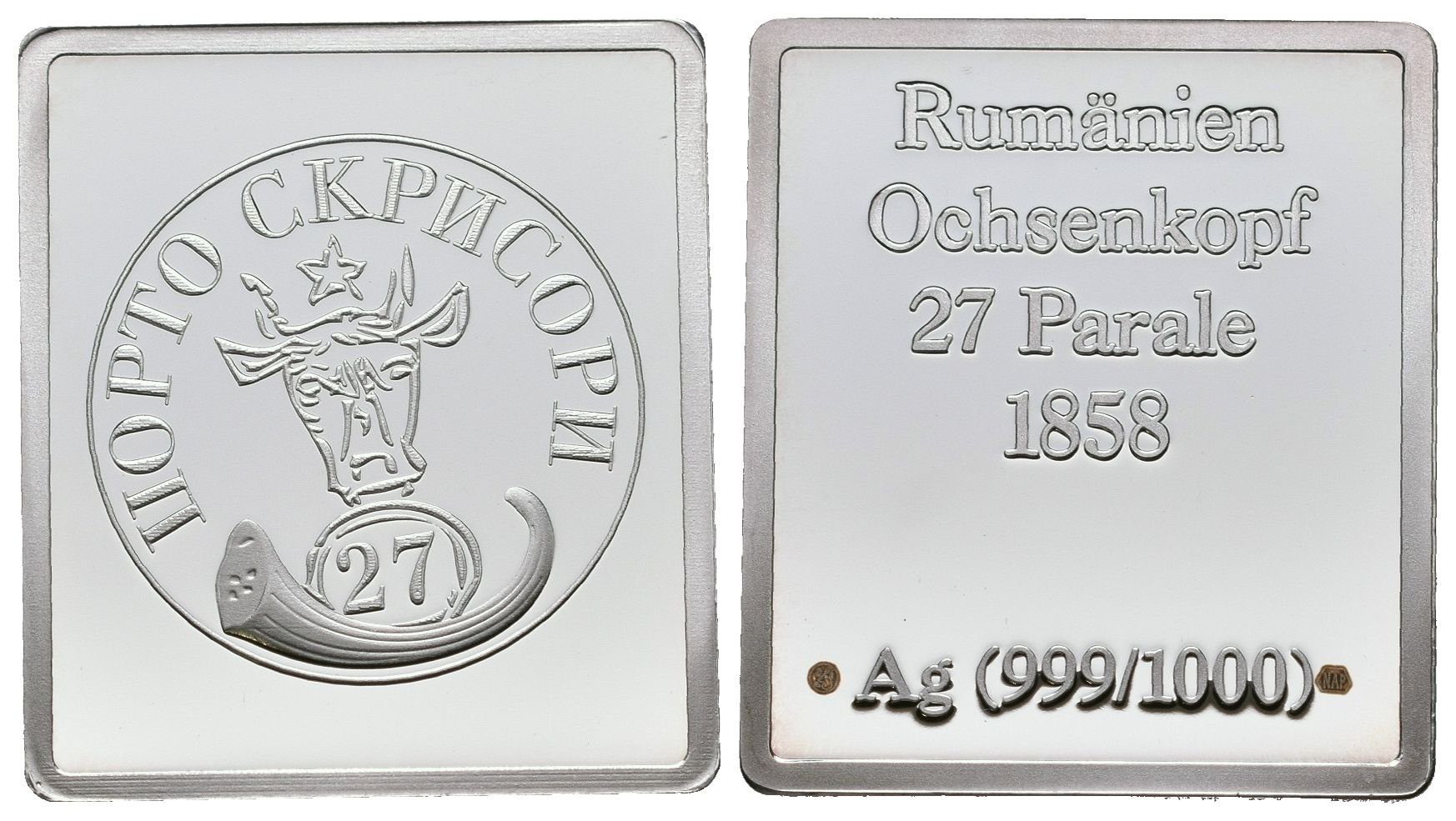 Stříbrná známka - Rumunsko - "Volská hlava" - 1858 - Ag 6 g - 999/1000