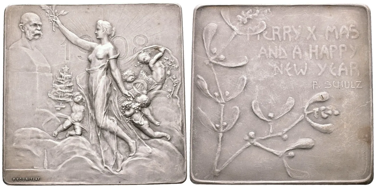 AE Plaketa 1908 (Kounitzky) - K 60. výročí panování a přání k Vánocům. — 1
