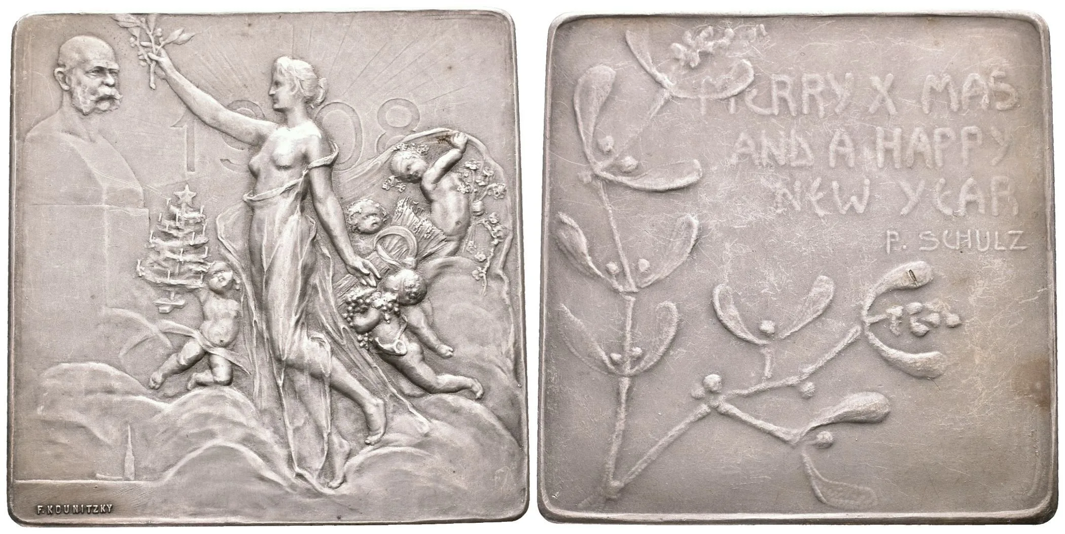 AE Plaketa 1908 (Kounitzky) - K 60. výročí panování a přání k Vánocům. — 1