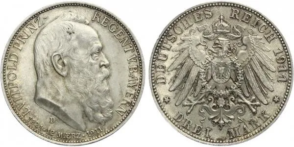 Bavorsko, 3 Marka 1911 D - 90. výročí narození