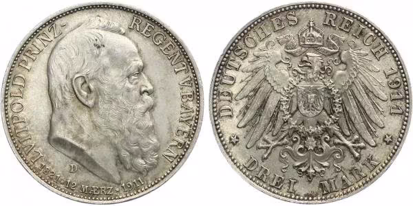 Bavorsko, 3 Marka 1911 D - 90. výročí narození