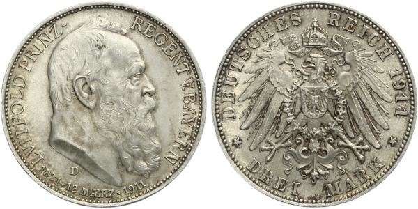 Bavorsko, 3 Marka 1911 D - 90. výročí narození