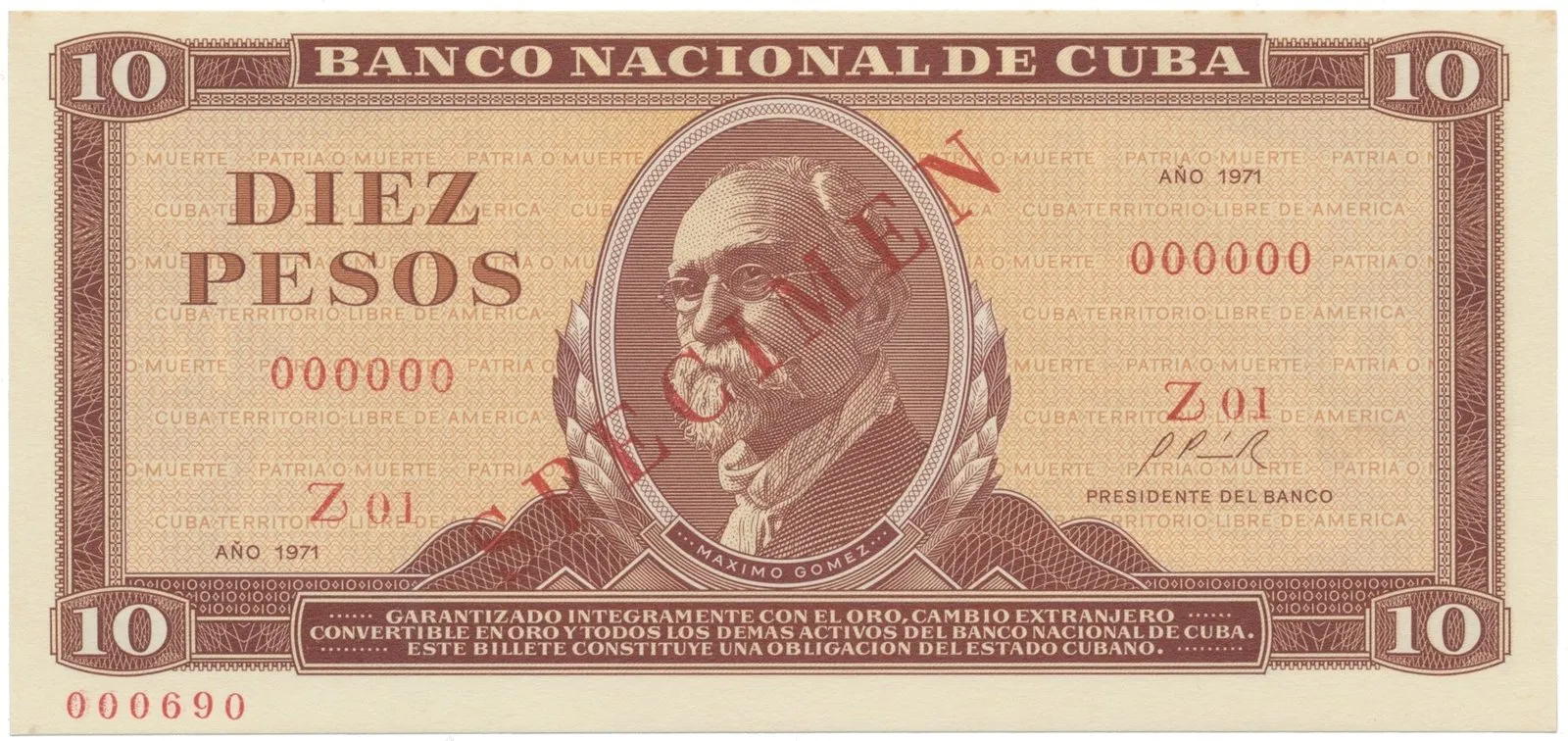 Kuba, 10 Pesos 1971, tisk STC Praha, anulát - SPECIMEN, bankovní vzor, P.104as