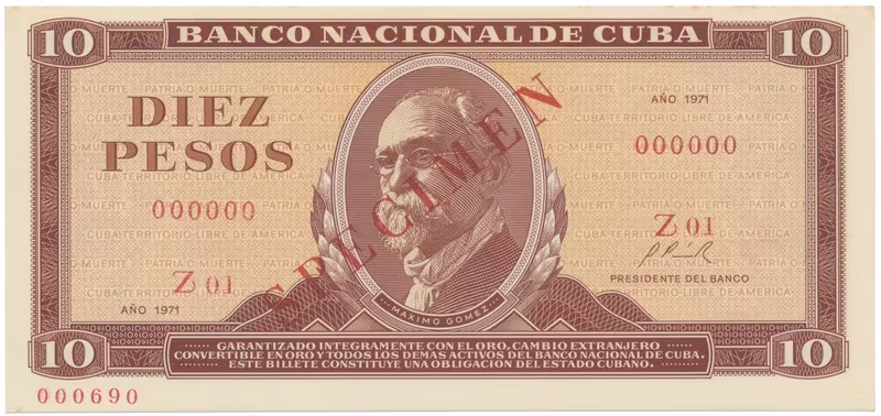 Kuba, 10 Pesos 1971, tisk STC Praha, anulát - SPECIMEN, bankovní vzor, P.104as