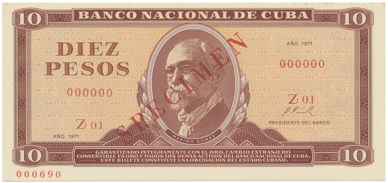Kuba, 10 Pesos 1971, tisk STC Praha, anulát - SPECIMEN, bankovní vzor, P.104as