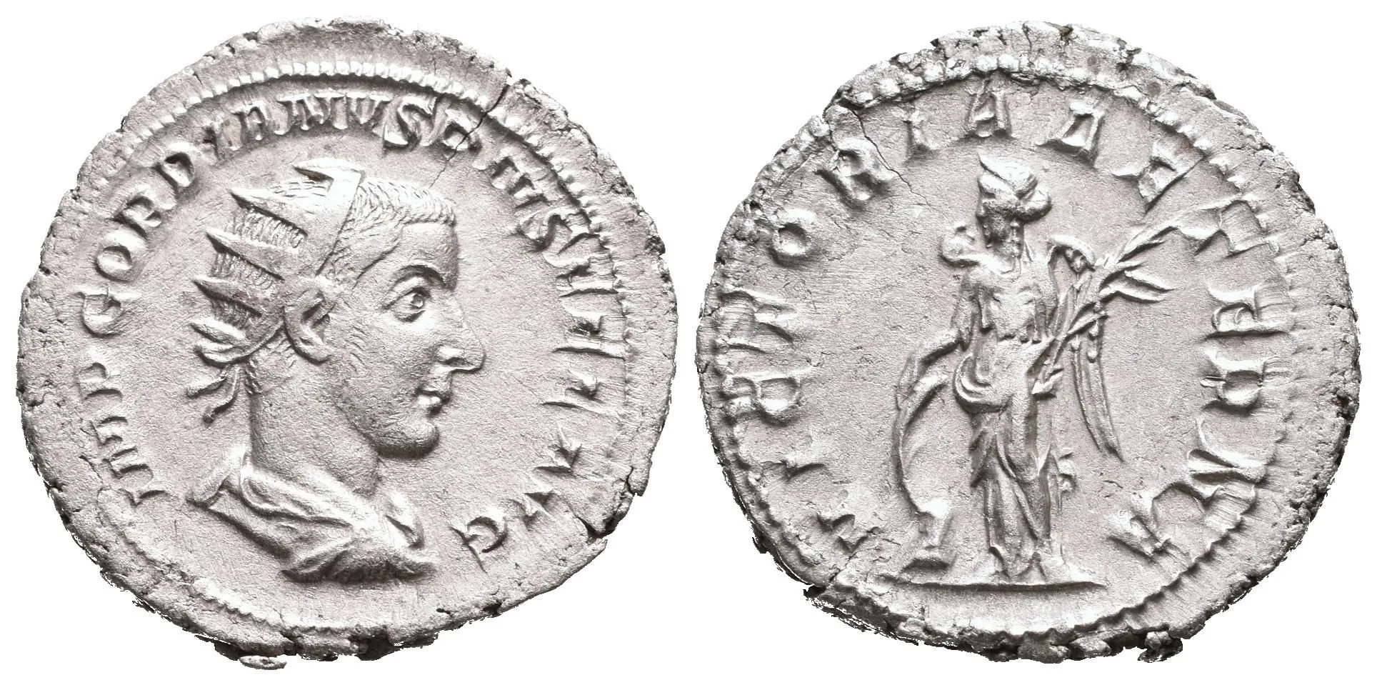 Antoninian, 243 - 244, Rv: VICTORIA AETERNA, stojící Victoria zleva se opírá o štít — 1