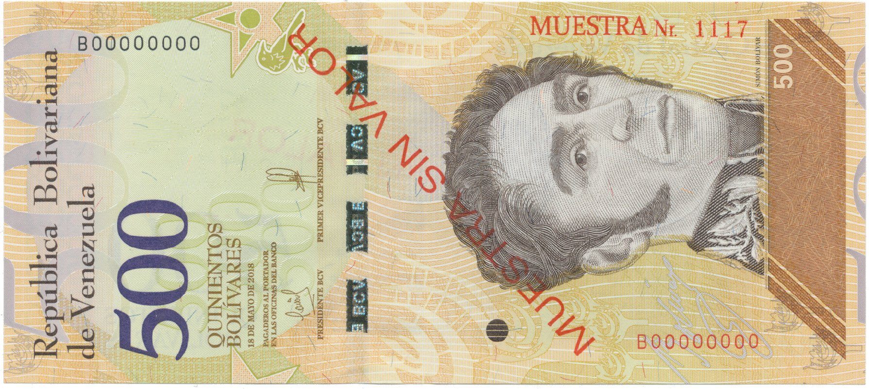 Venezuela, 500 Bolivares 2018, anulát - MUESTRA SIN VALOR, P.108as