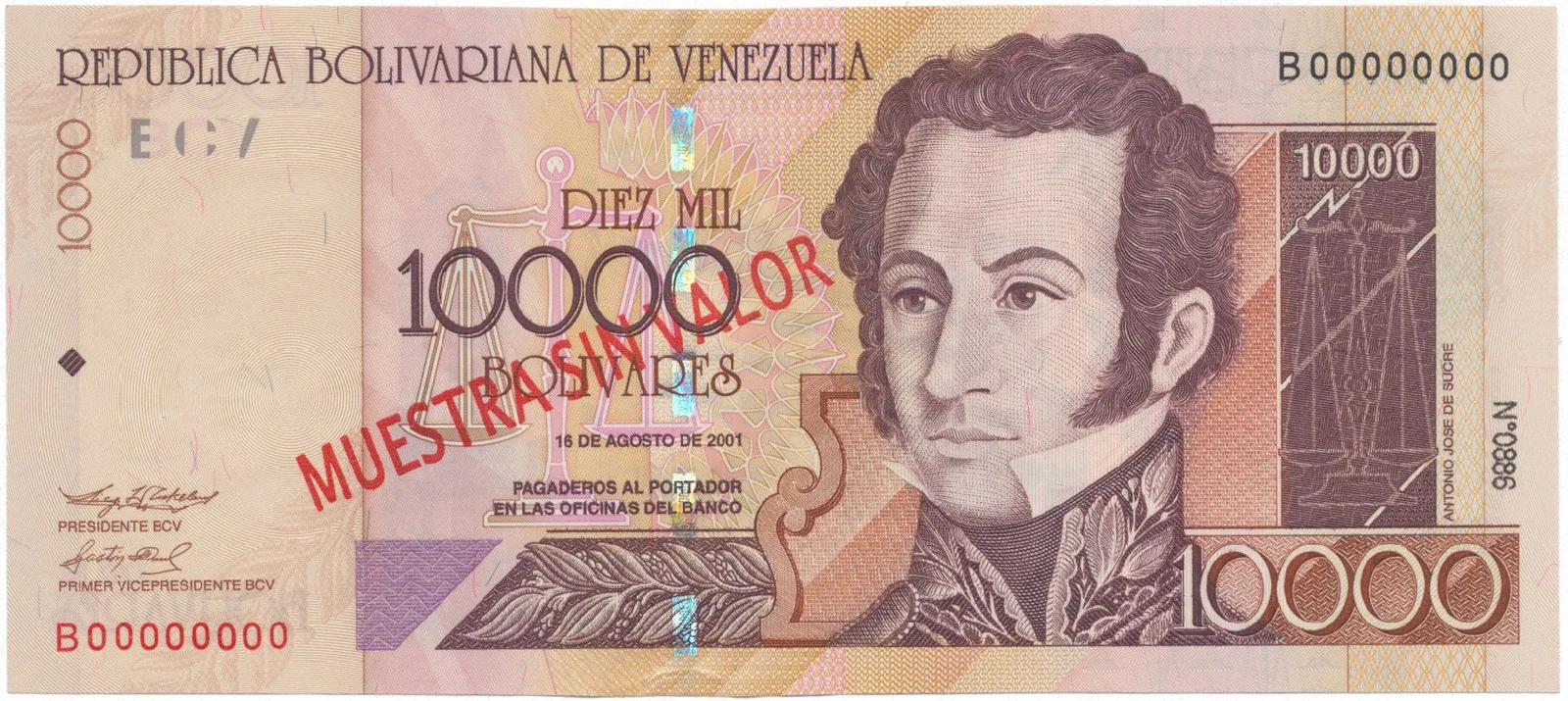 Venezuela, 10.000 Bolivares 2001, anulát - MUESTRA SIN VALOR, P.85bs