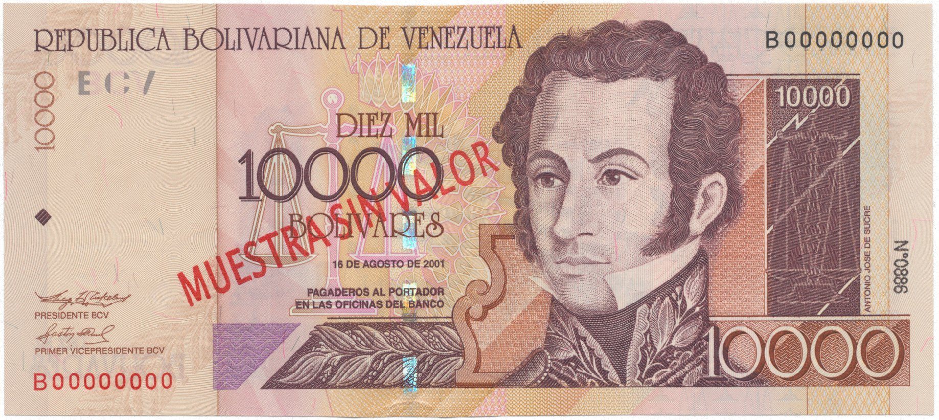 Venezuela, 10.000 Bolivares 2001, anulát - MUESTRA SIN VALOR, P.85bs