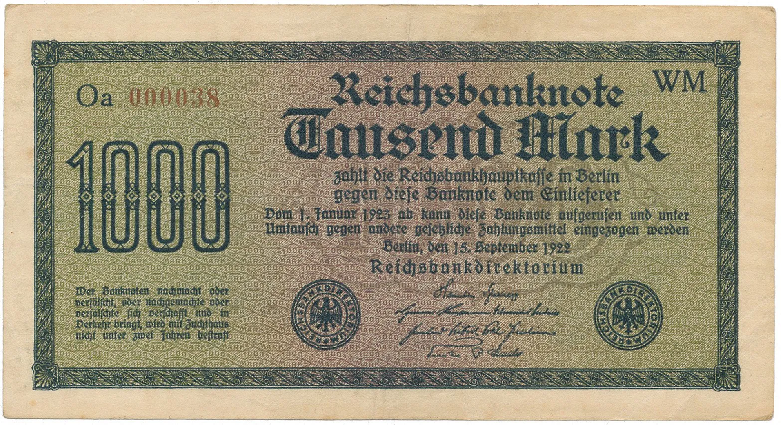 Německo, 1000 Mark 1922, vod. Mäander, hnědé číslo 000038, Ro.75i