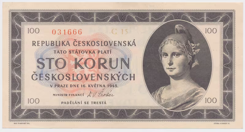 Československo, 100 Koruna 1945, série C, tisk Haase, neperforovaná, Hej.77bC