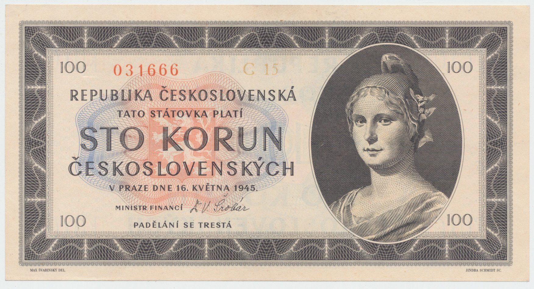 Československo, 100 Koruna 1945, série C, tisk Haase, neperforovaná, Hej.77bC