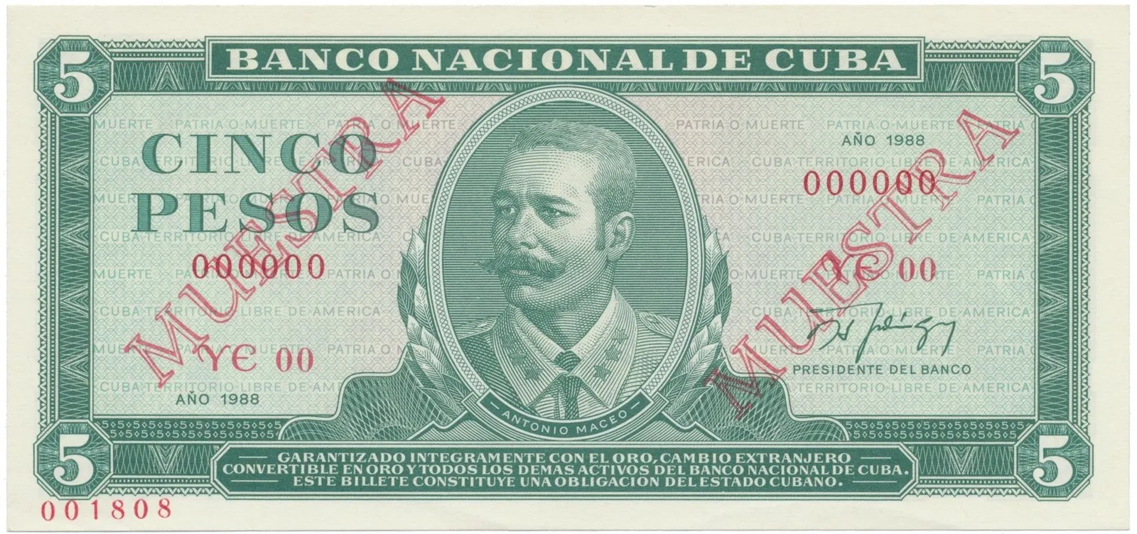 Kuba, 5 Pesos 1988, tisk STC Praha, anulát - 2x MUESTRA, bankovní vzor, P.103ds