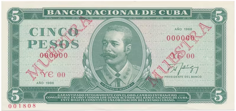 Kuba, 5 Pesos 1988, tisk STC Praha, anulát - 2x MUESTRA, bankovní vzor, P.103ds