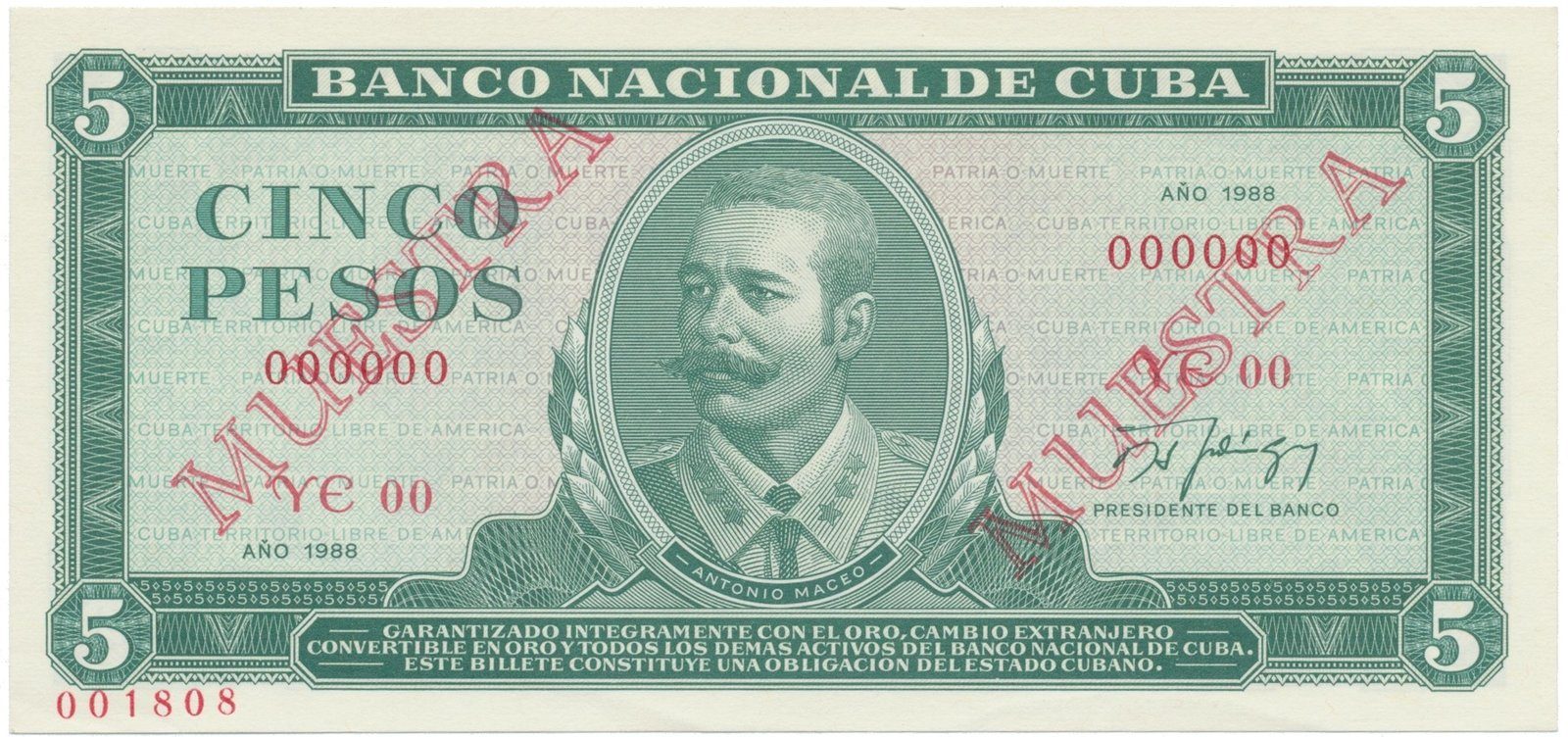 Kuba, 5 Pesos 1988, tisk STC Praha, anulát - 2x MUESTRA, bankovní vzor, P.103ds