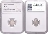 25 Centimes 1847 A, KM.755.1, certifikace NGC, hodnocení MS 65, luxusní zachovalost — 2