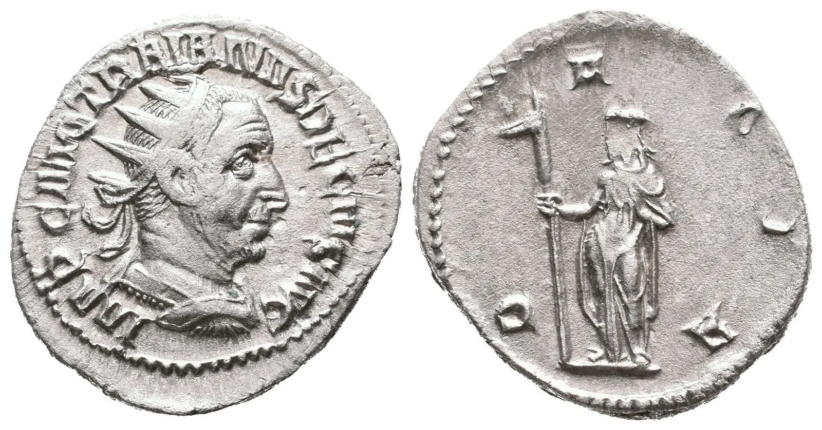 Antoninian, 249 - 251, Rv: DACIA, stojící Dacia zleva drží dlouhou hůl zakončenou — 1
