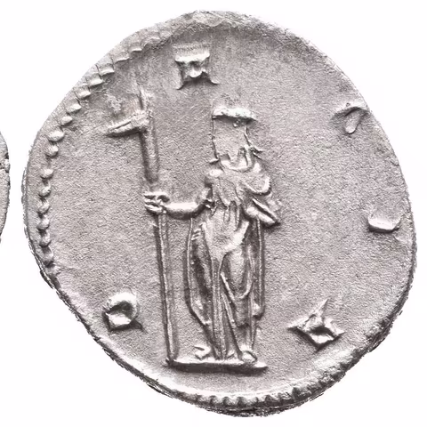 Antoninian, 249 - 251, Rv: DACIA, stojící Dacia zleva drží dlouhou hůl zakončenou