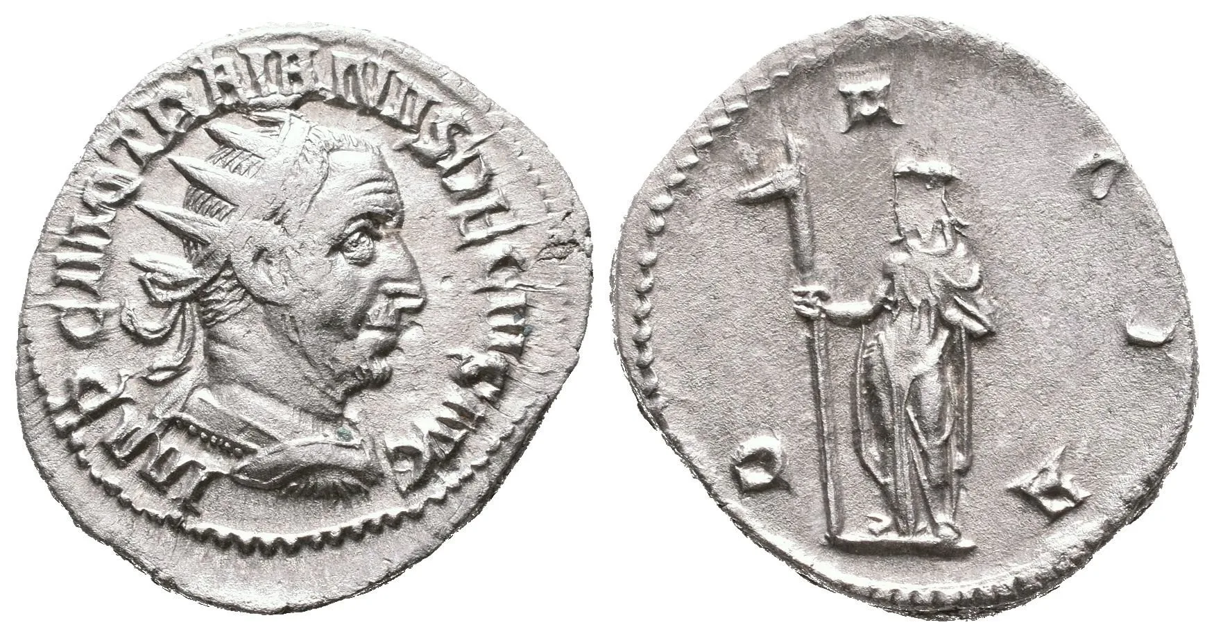 Antoninian, 249 - 251, Rv: DACIA, stojící Dacia zleva drží dlouhou hůl zakončenou — 1