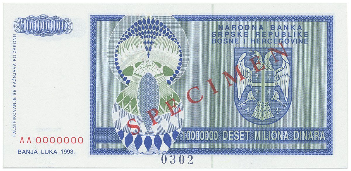 Bosna a Hercegovina, 10 Miliona Dinara 1993, bankovní vzor, AA 0000000, přet. SPECIMEN, P.144s