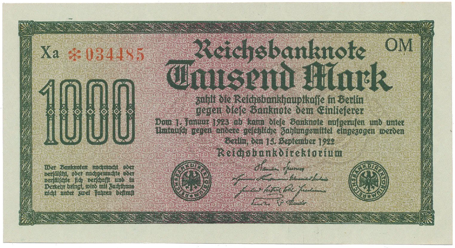 Německo, 1000 Mark 1922, vod. Wellen, 6-místné číslo, Ro.75q
