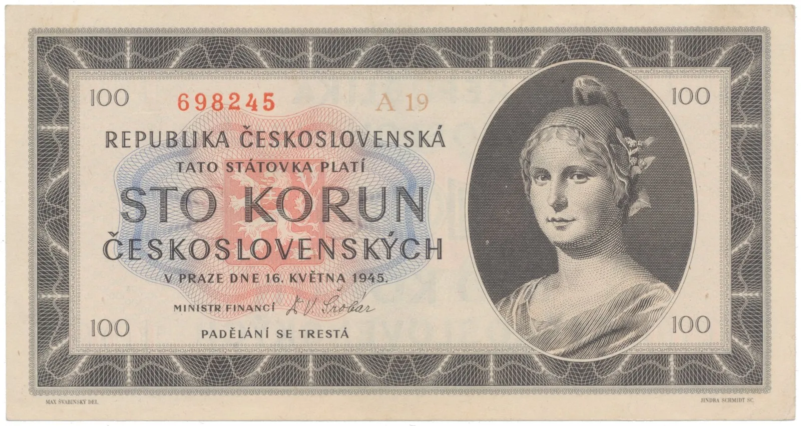 100 Koruna 1945, série A 19, Hej.77a