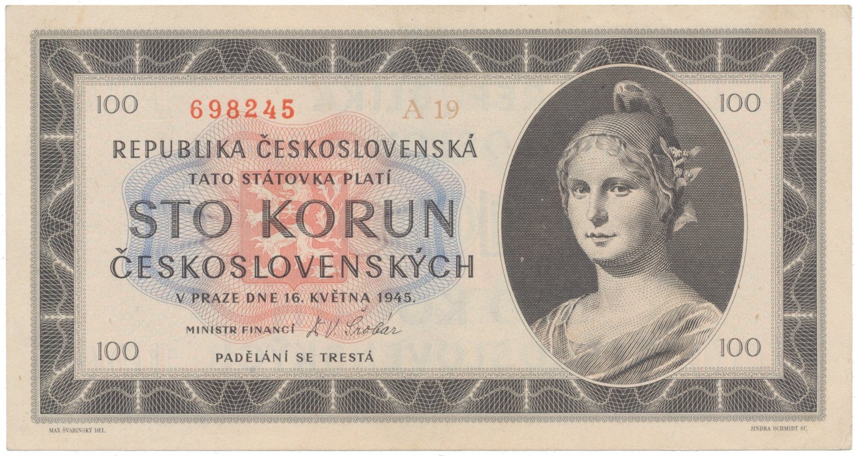 100 Koruna 1945, série A 19, Hej.77a