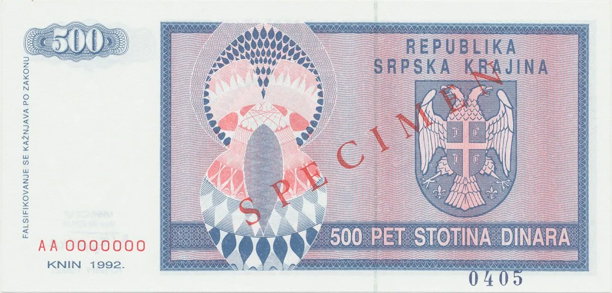 Chorvatsko, 500 Dinara 1992, anulát - SPECIMEN, P.R4s