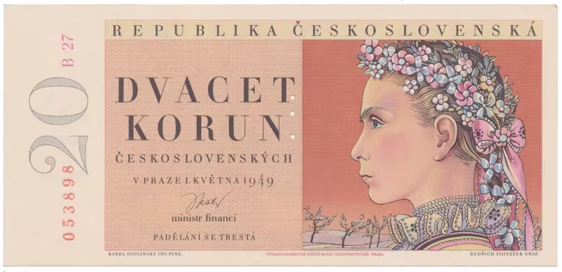 20 Koruna 1949, II. vydání, perforace 3 m.d., Hej.85aS1