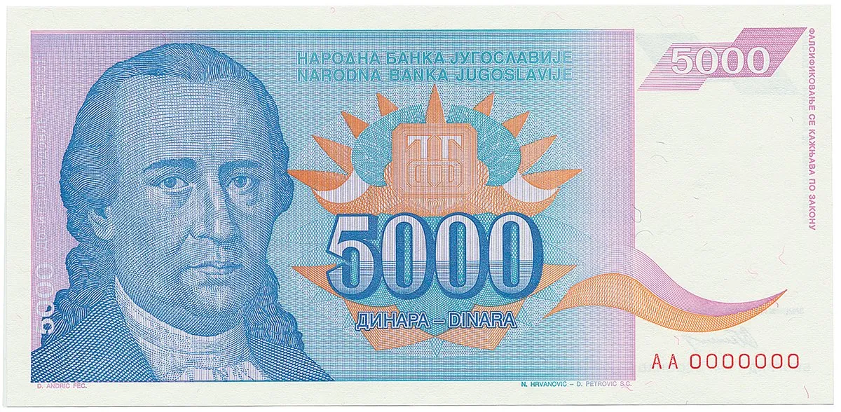 Jugoslávie, 5000 Dinara 1994, anulát AA 0000000, P.141