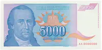 Jugoslávie, 5000 Dinara 1994, anulát AA 0000000, P.141