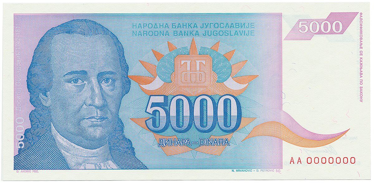 Jugoslávie, 5000 Dinara 1994, anulát AA 0000000, P.141