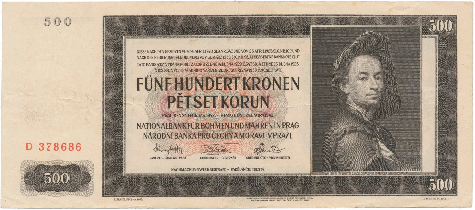500 Koruna 1942, I. vydání, série D, Hej.35a
