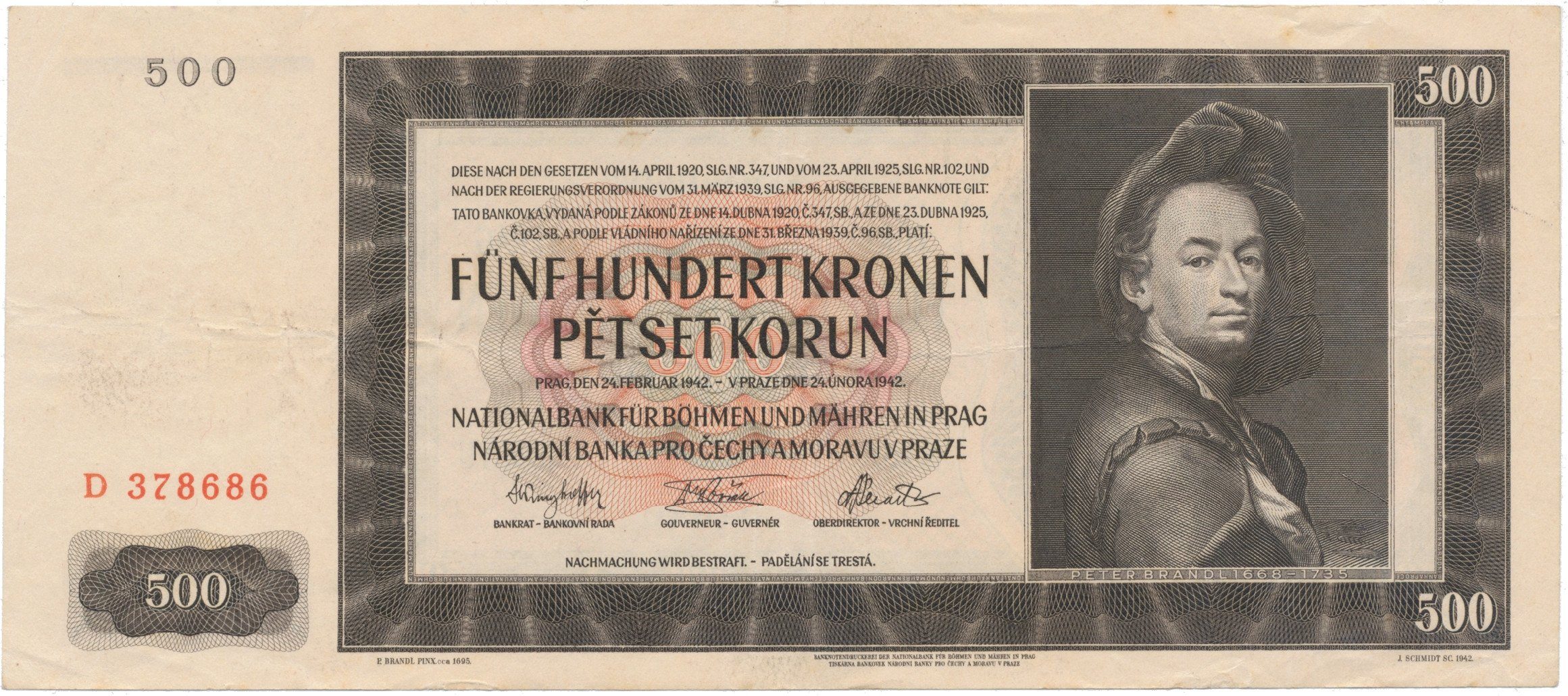 500 Koruna 1942, I. vydání, série D, Hej.35a