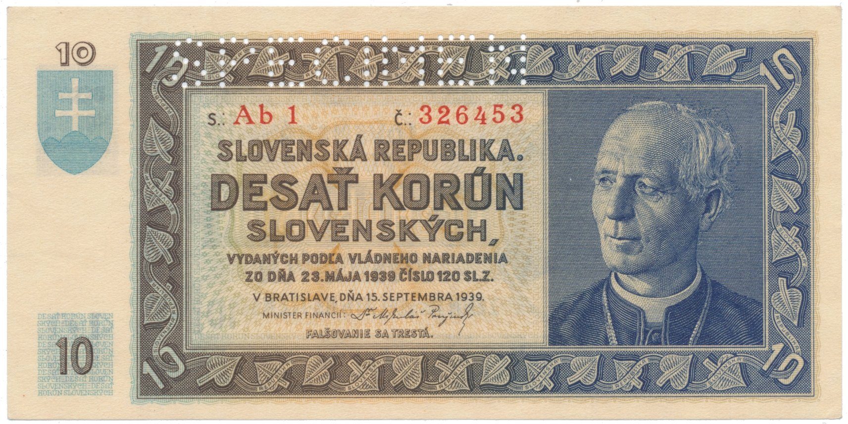 10 Koruna 1939, série Ab 1, SPECIMEN, Hej.49a1.S1