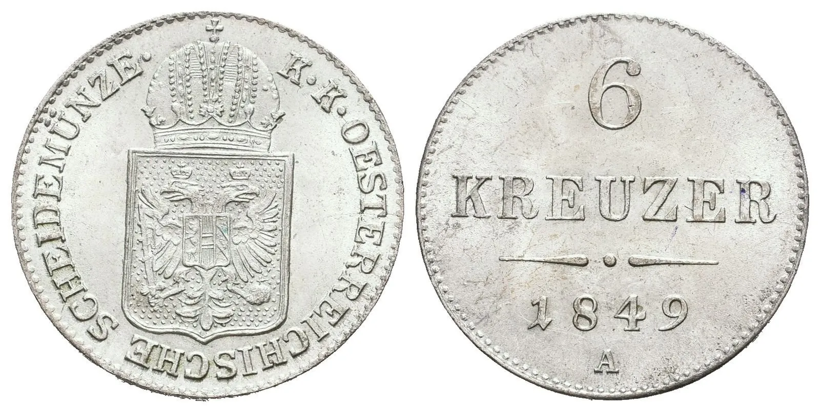 6 Krejcar 1849 A, luxusní zachovalost, lesk, patina — 1