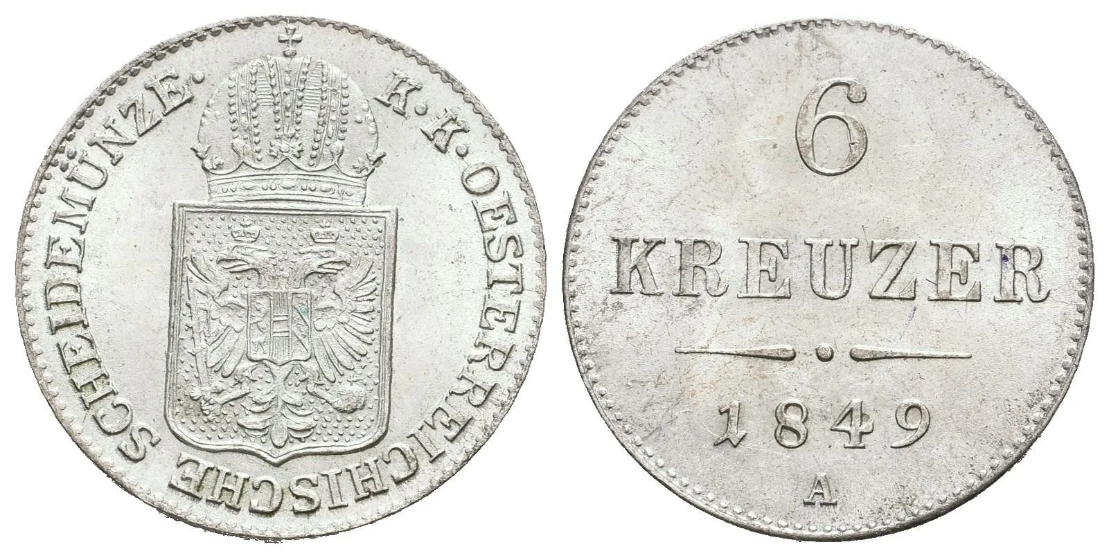 6 Krejcar 1849 A, luxusní zachovalost, lesk, patina — 1