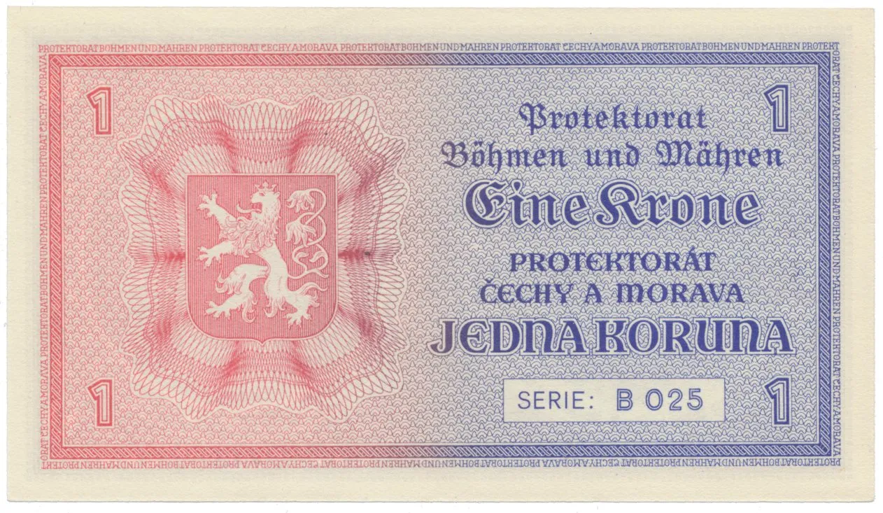Protektorát Čechy a Morava, 1 Koruna b.d. (1940), tisk TB NBČM, série B, Hej.30aB