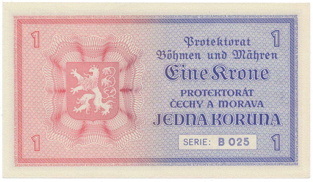 Protektorát Čechy a Morava, 1 Koruna b.d. (1940), tisk TB NBČM, série B, Hej.30aB