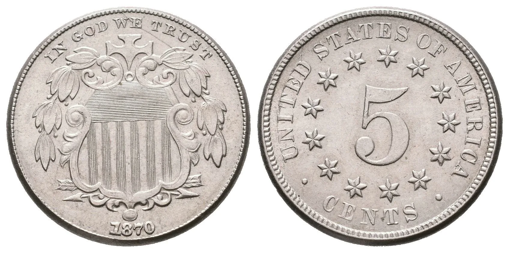5 Cent 1870 (Ni) - bez paprsků, KM.97, velmi pěkná zachovalost, drobné rysky — 1