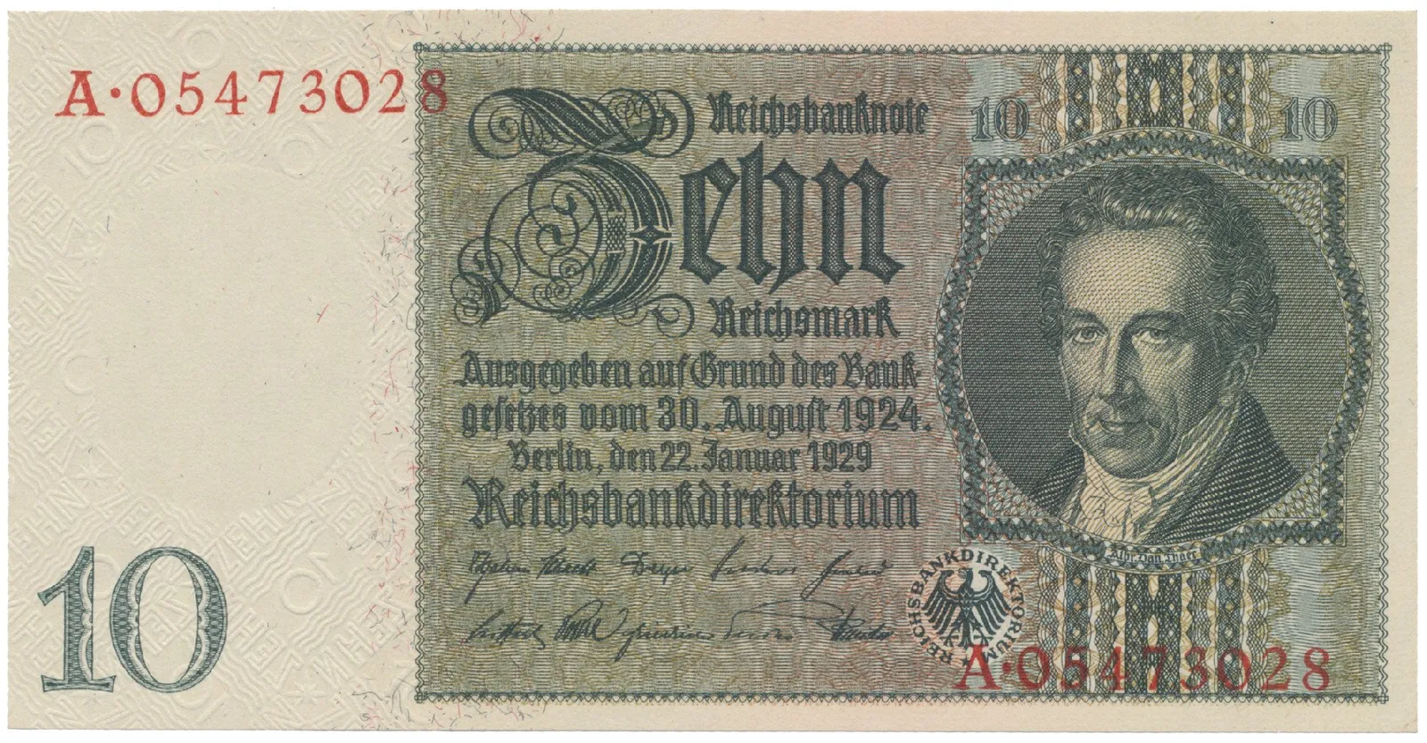 Německo, 10 Reichsmark 1929, válečná s průběžným vodotiskem, první série A, Hej.D2d