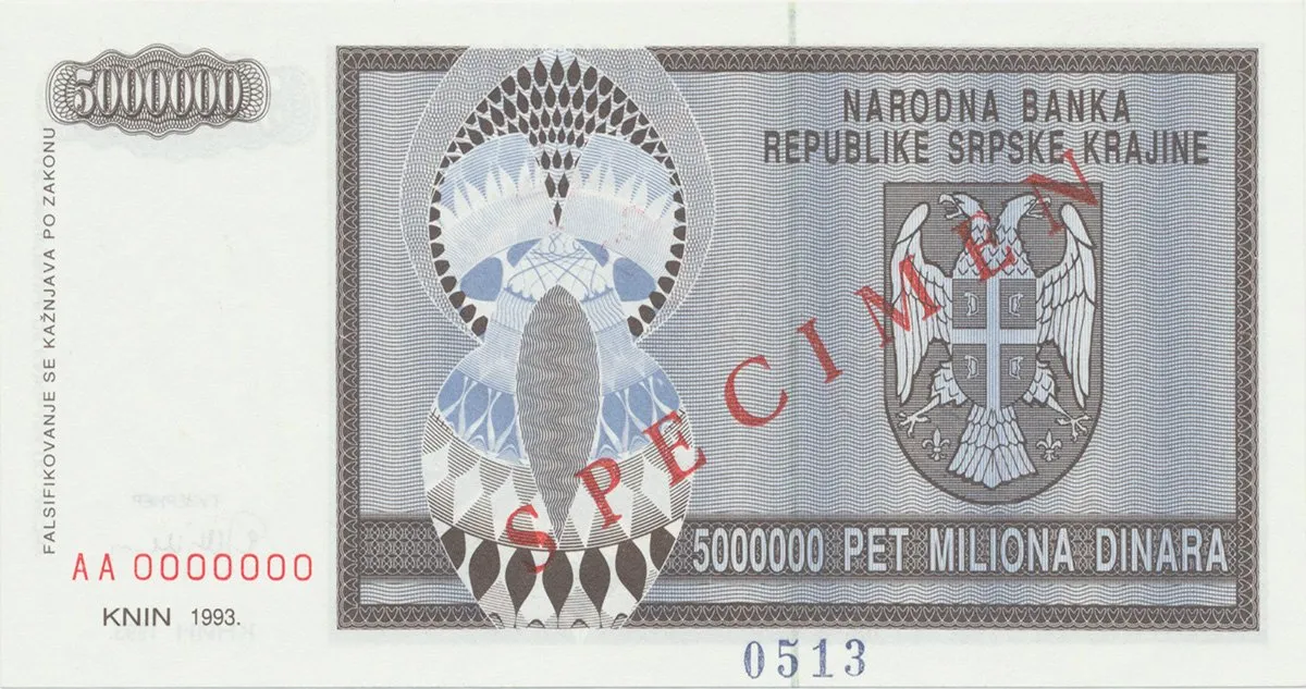 Chorvatsko, 5 Miliona Dinara 1993, anulát - SPECIMEN, P.R11s