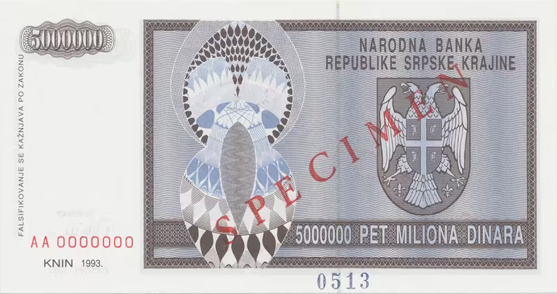 Chorvatsko, 5 Miliona Dinara 1993, anulát - SPECIMEN, P.R11s