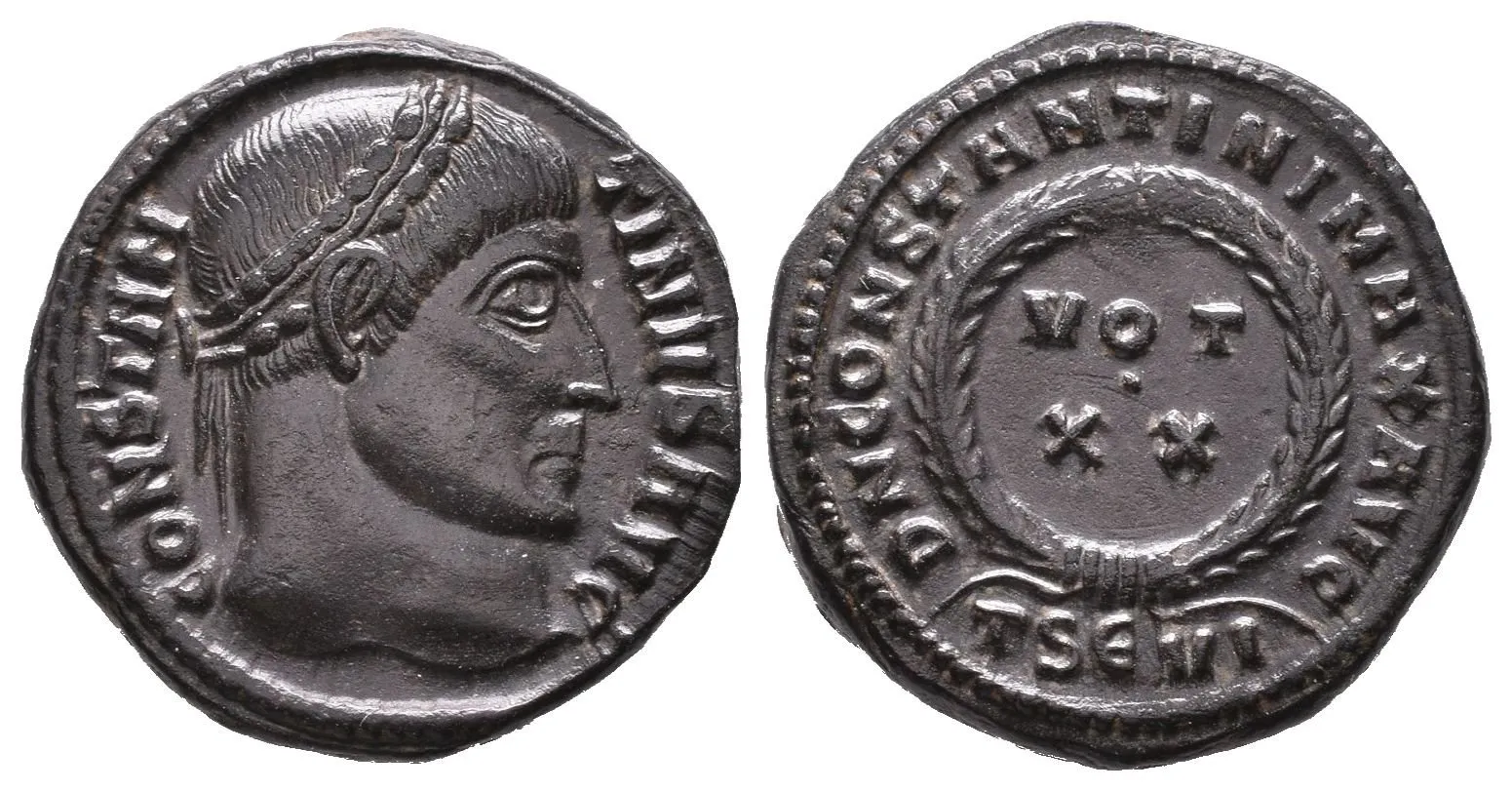 Follis, Thessalonica, 320-321, Rv: DN CONSTANTINI MAX AVG, VOT XX ve věnci, — 1