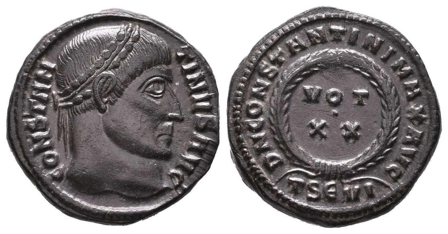 Follis, Thessalonica, 320-321, Rv: DN CONSTANTINI MAX AVG, VOT XX ve věnci, — 1