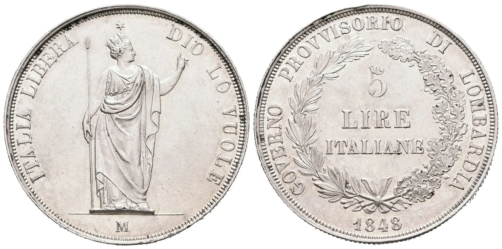 5 Lira 1848 M, Milano, krátké konce ratolestí, hvězda blízko od koruny, Ves.12a, KM.22.3, — 1
